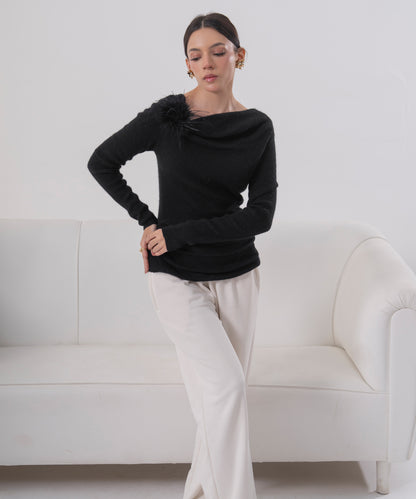 One-Shoulder Feather Accent Knit Top
