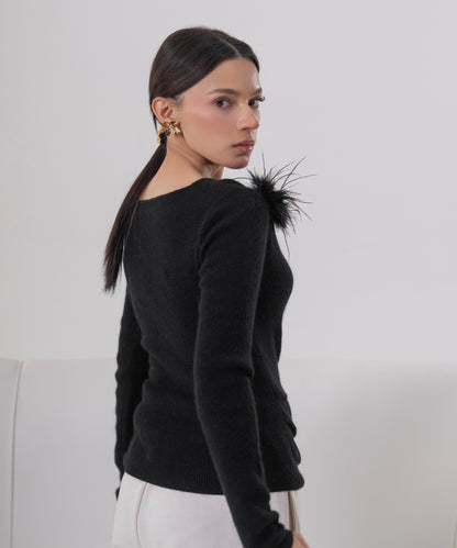 One-Shoulder Feather Accent Knit Top