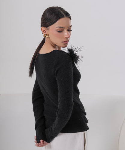 One-Shoulder Feather Accent Knit Top