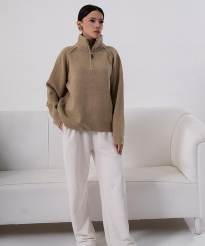 Camel Half-Zip Knit Sweater