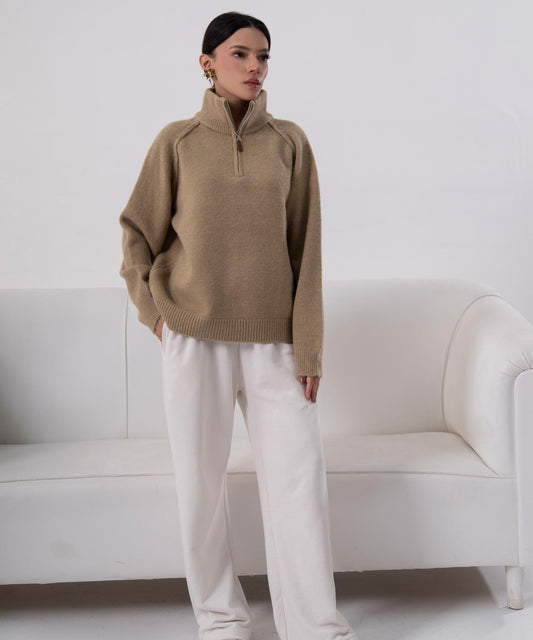 Camel Half-Zip Knit Sweater