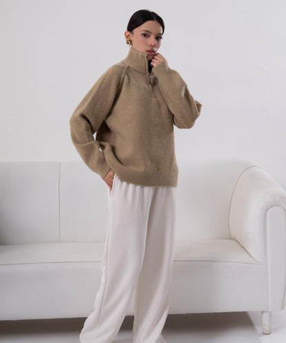 Camel Half-Zip Knit Sweater