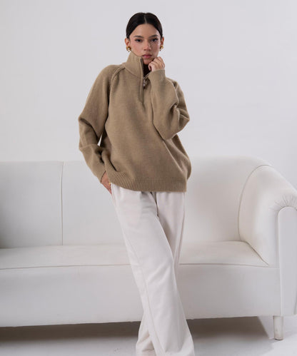 Camel Half-Zip Knit Sweater