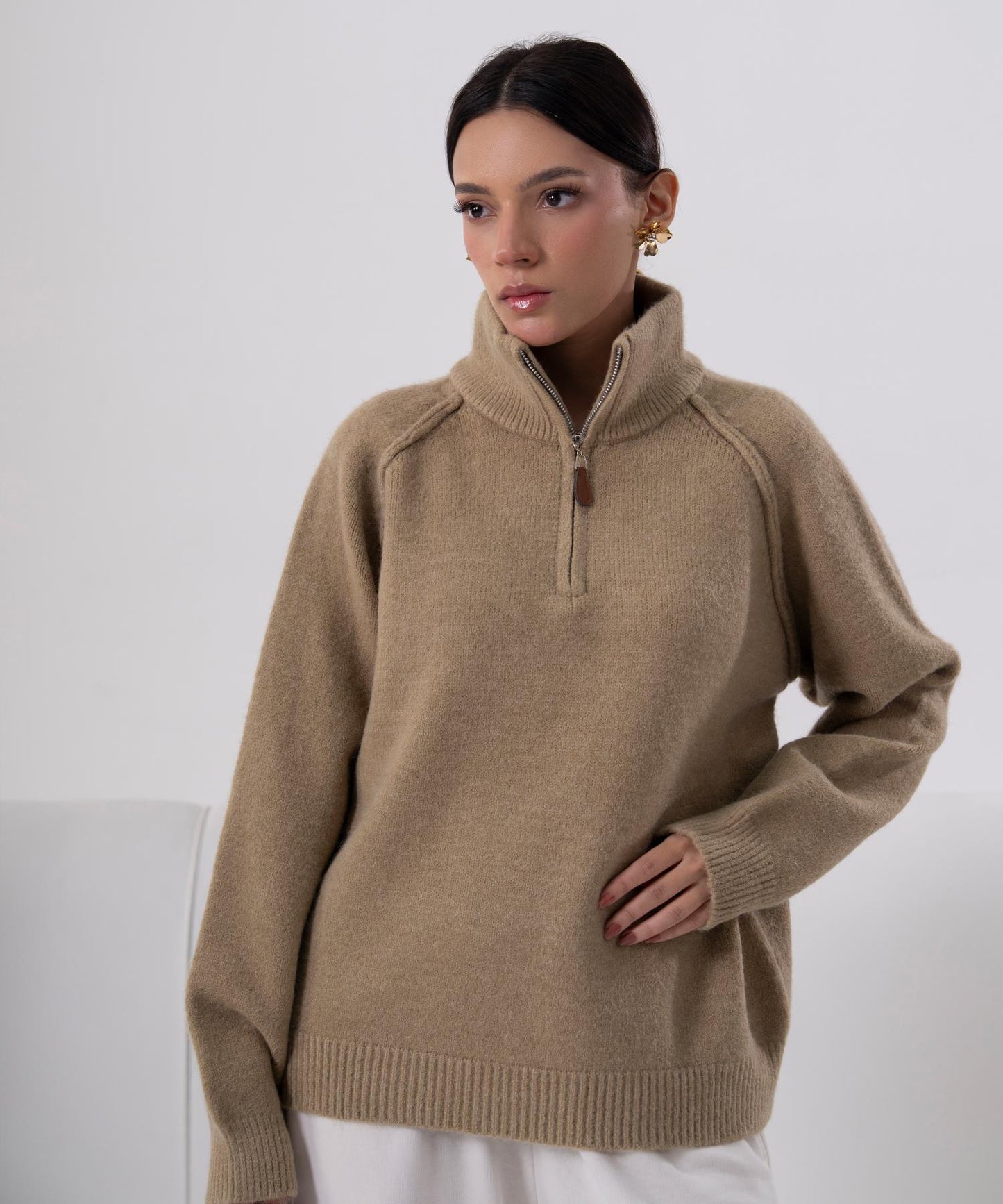 Camel Half-Zip Knit Sweater