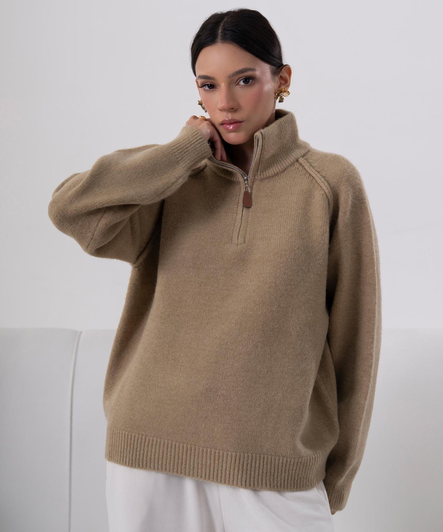 Camel Half-Zip Knit Sweater