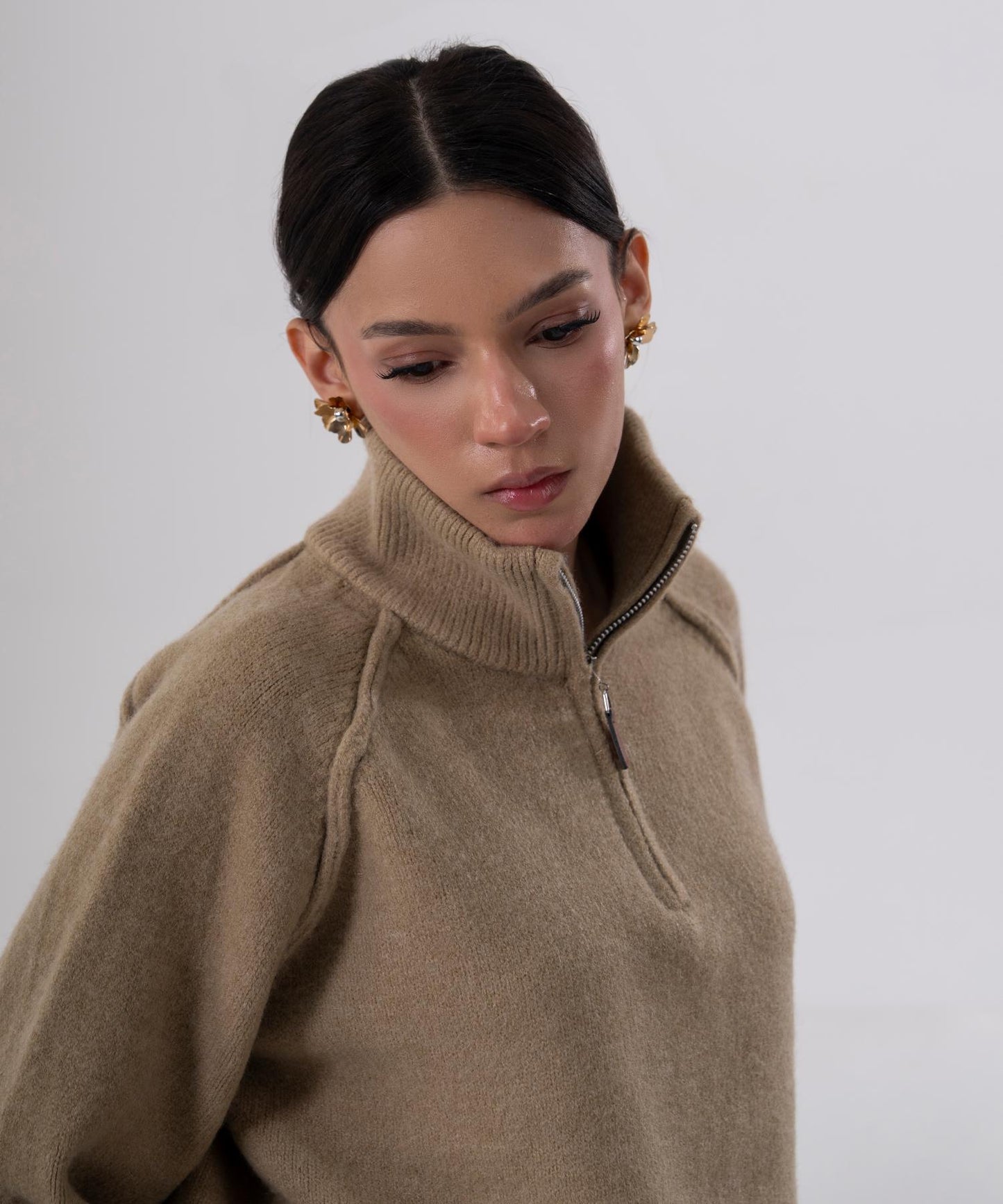 Camel Half-Zip Knit Sweater