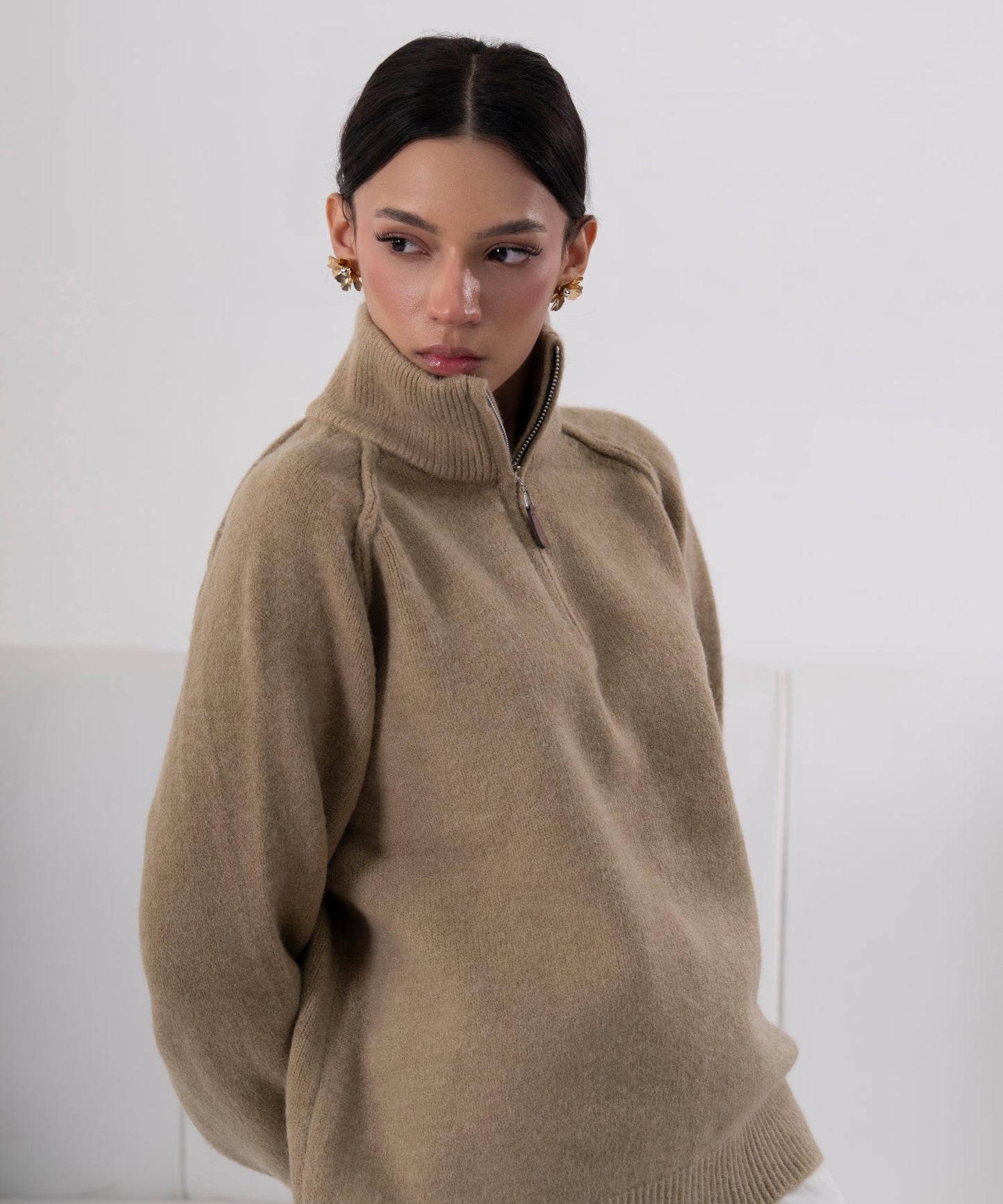 Camel Half-Zip Knit Sweater