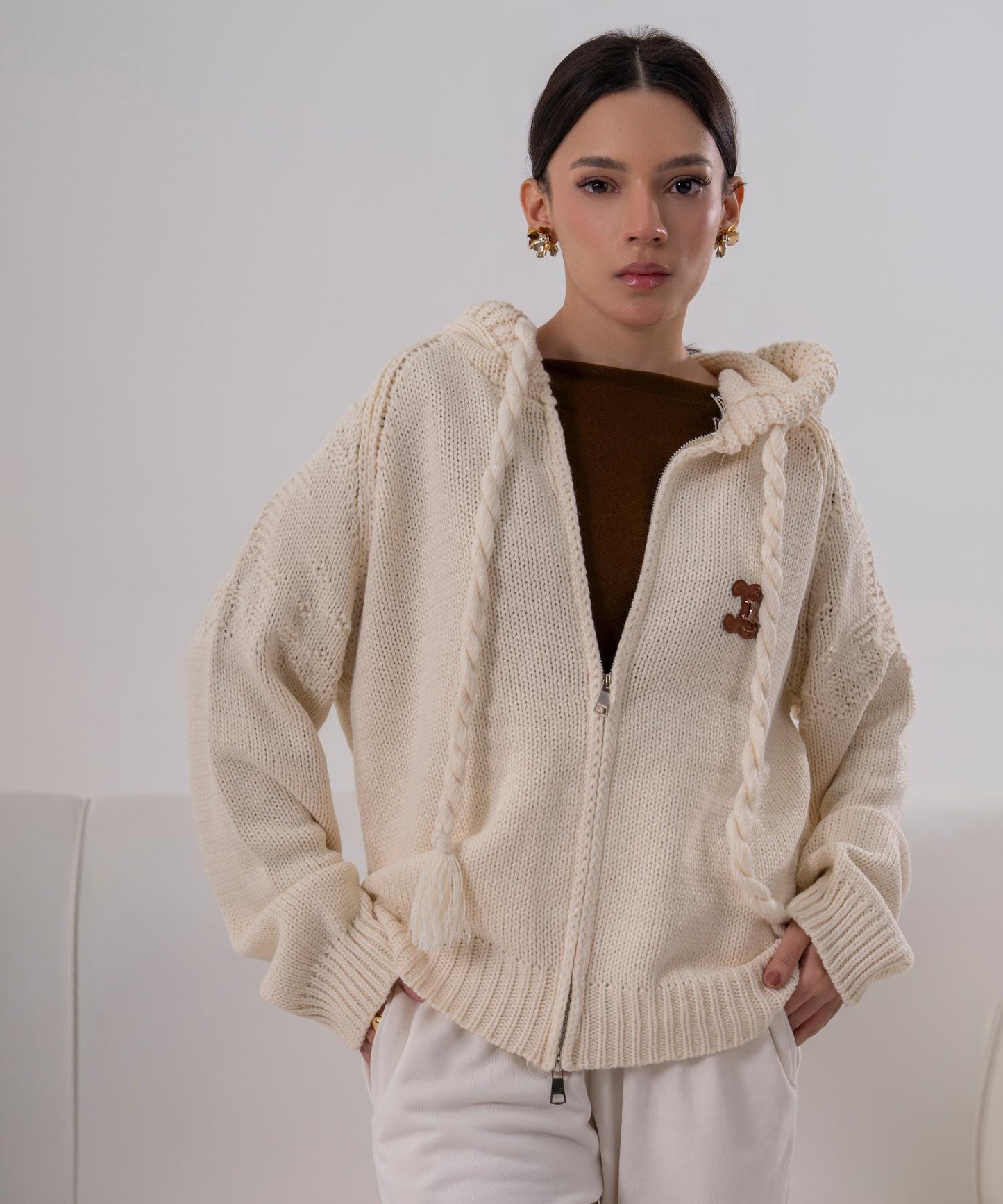 Cable Knit Hooded Cardigan