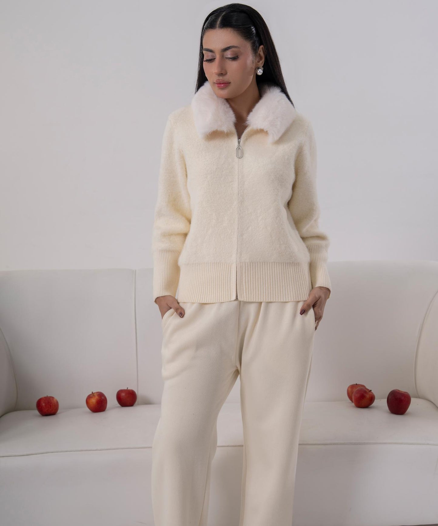 Ivory Plush Knit Jacket with Faux Fur Collar