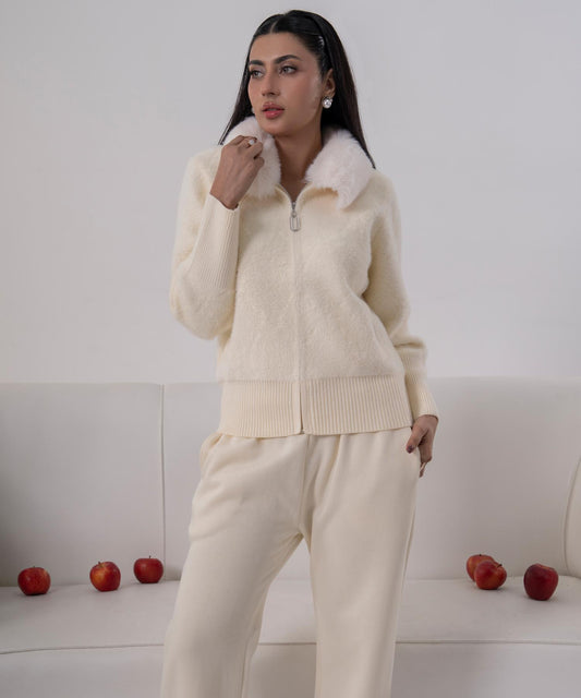Ivory Plush Knit Jacket with Faux Fur Collar