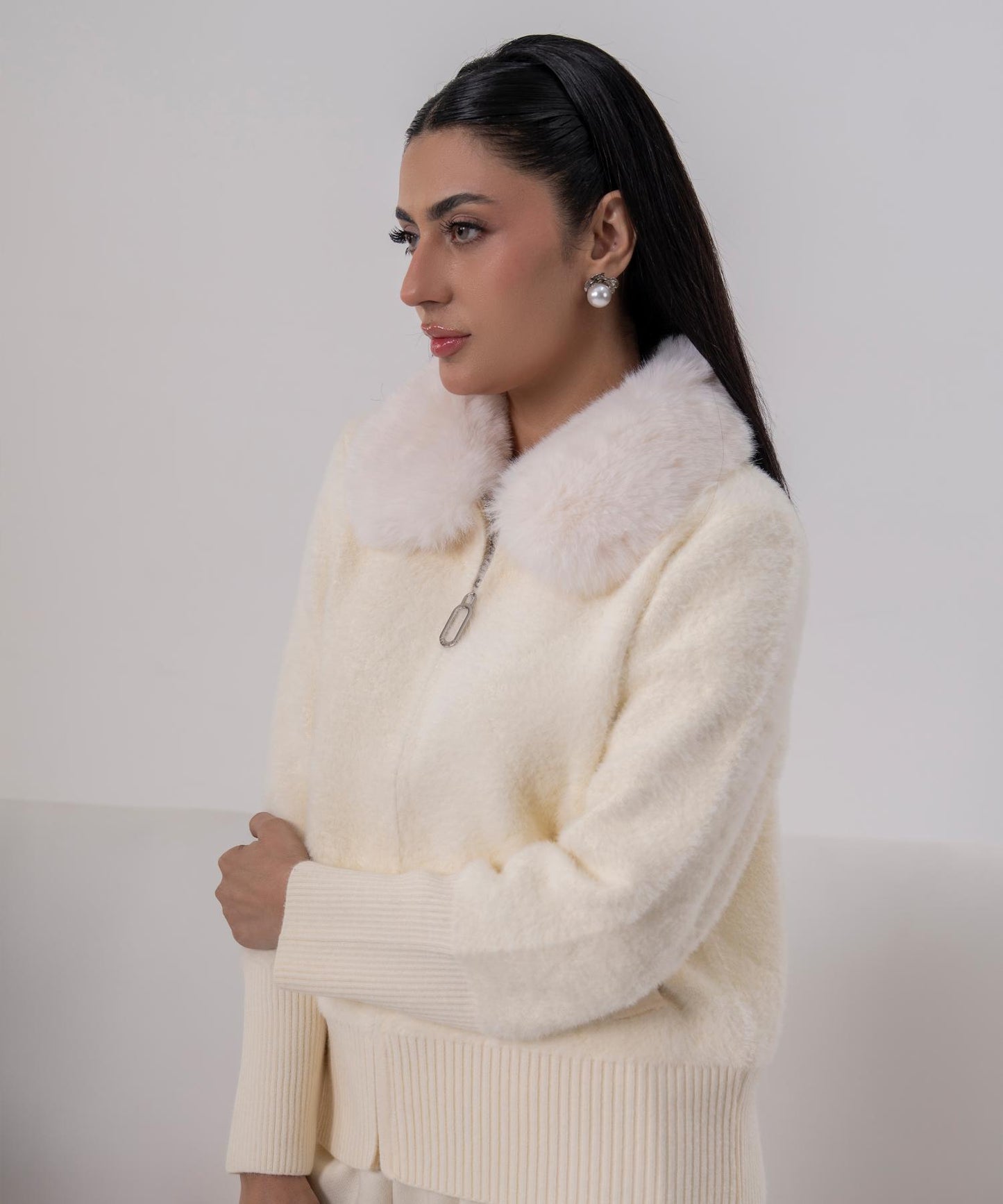 Ivory Plush Knit Jacket with Faux Fur Collar