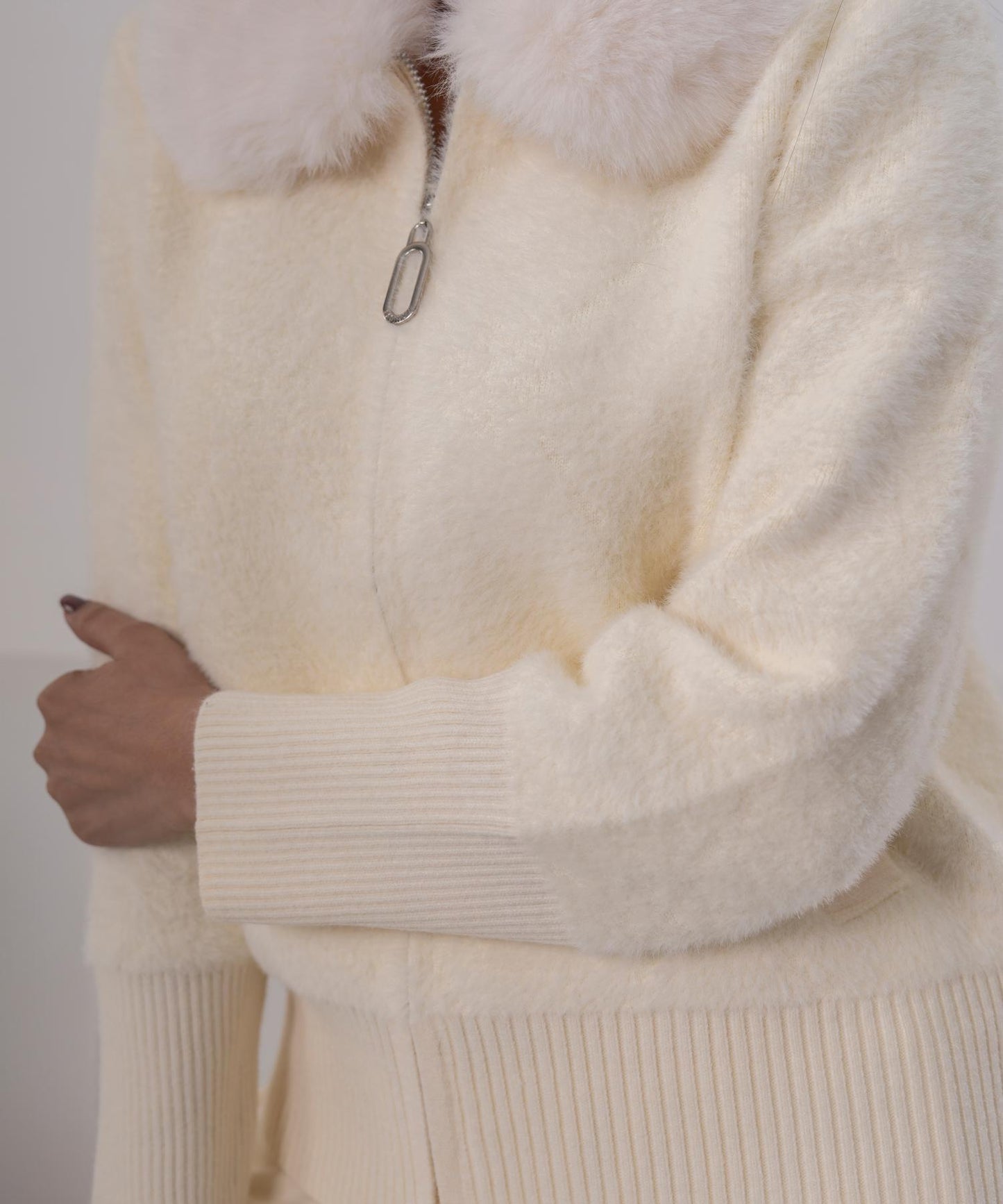 Ivory Plush Knit Jacket with Faux Fur Collar