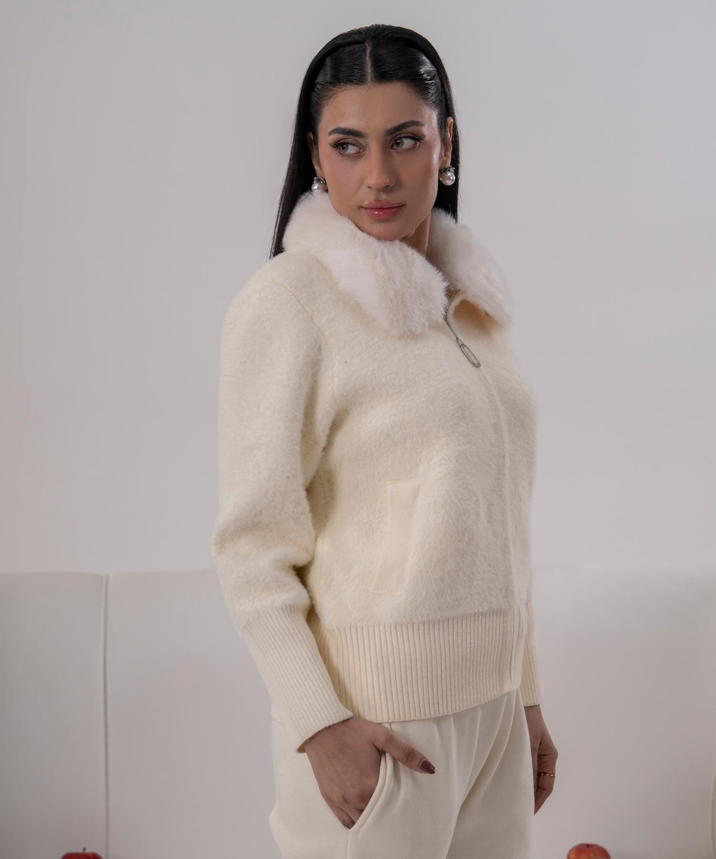Ivory Plush Knit Jacket with Faux Fur Collar