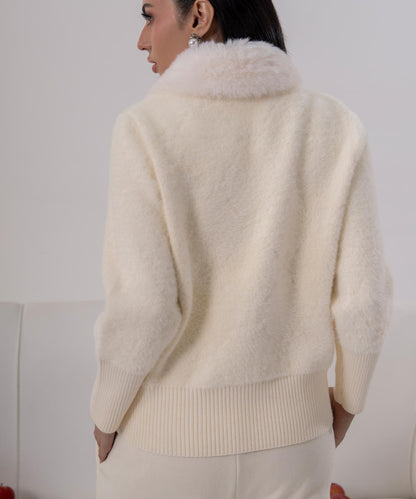 Ivory Plush Knit Jacket with Faux Fur Collar