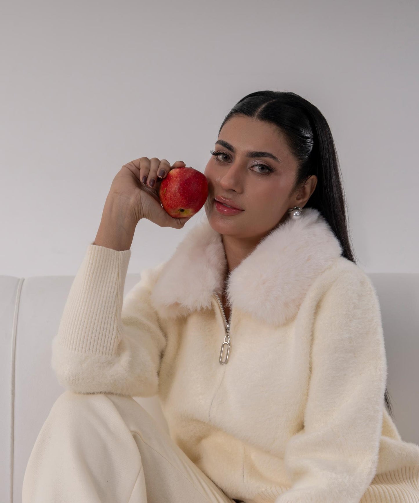 Ivory Plush Knit Jacket with Faux Fur Collar