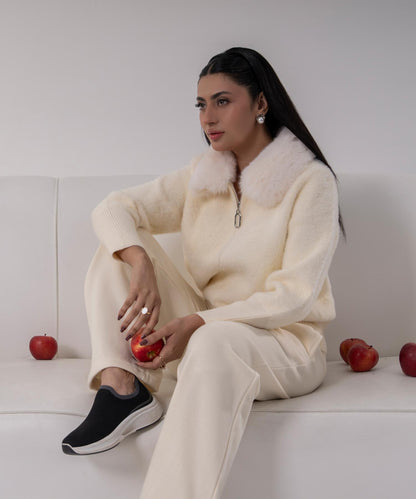 Ivory Plush Knit Jacket with Faux Fur Collar