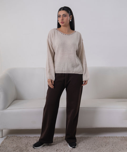 Soft Ivory Knit Blouse – Hand-Stitch Neckline