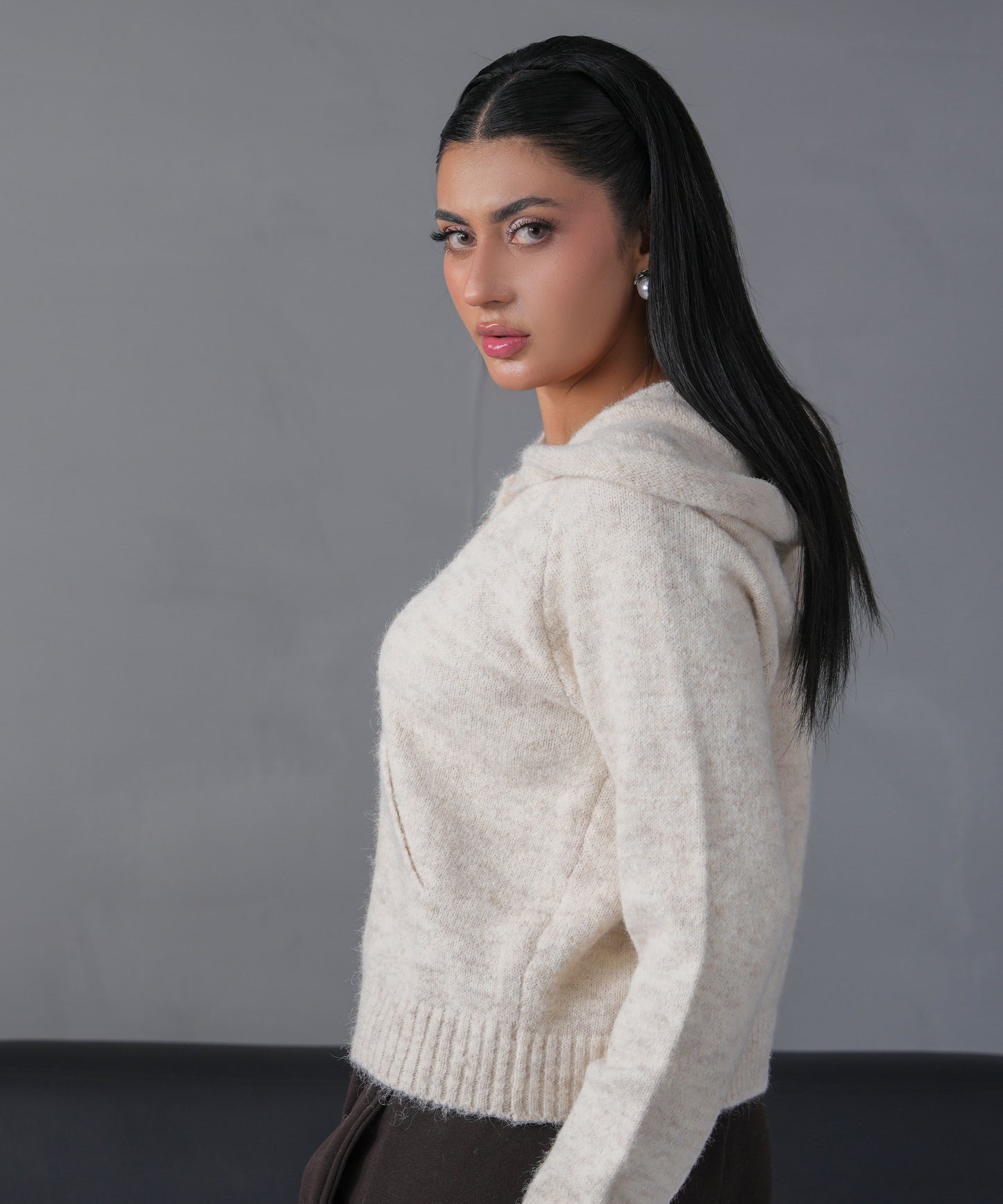 Ivory Zip-Up Knit Hoodie Cardigan