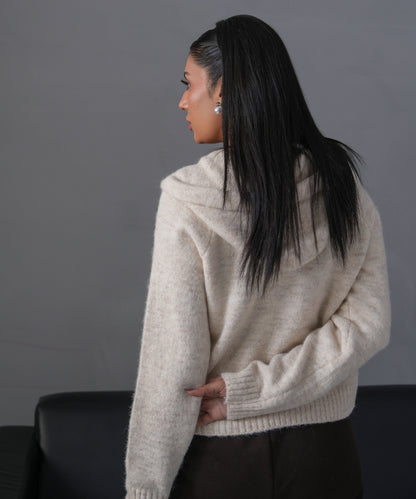 Ivory Zip-Up Knit Hoodie Cardigan