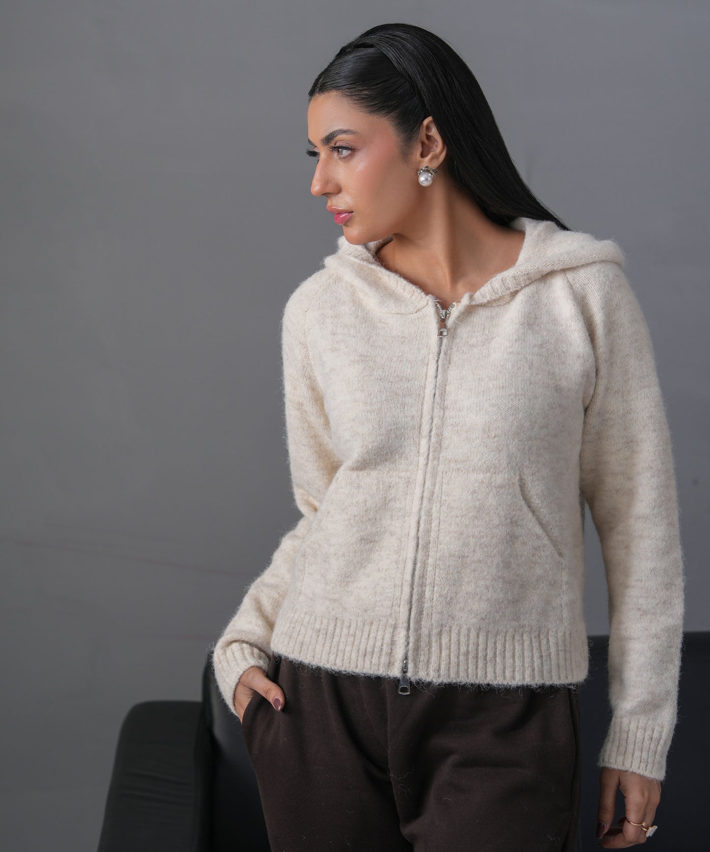 Ivory Zip-Up Knit Hoodie Cardigan