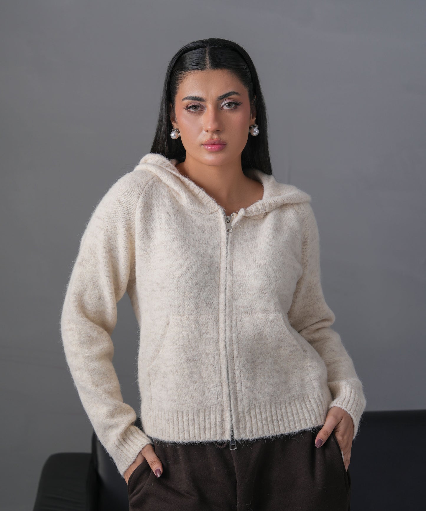 Ivory Zip-Up Knit Hoodie Cardigan