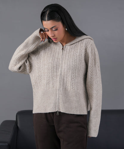 Cable Knit Zip-Up Hoodie Cardigan