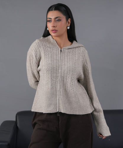 Cable Knit Zip-Up Hoodie Cardigan