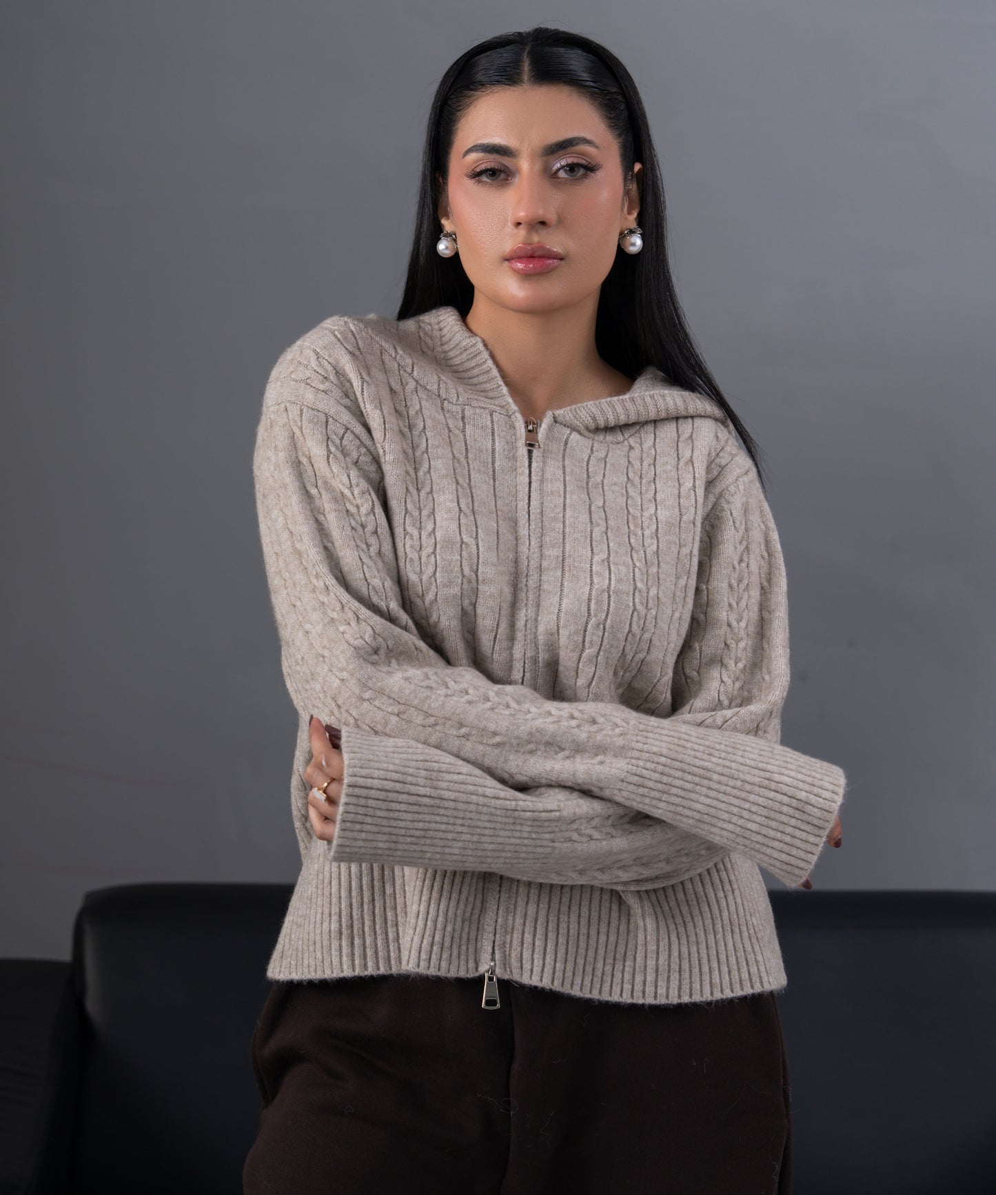 Cable Knit Zip-Up Hoodie Cardigan