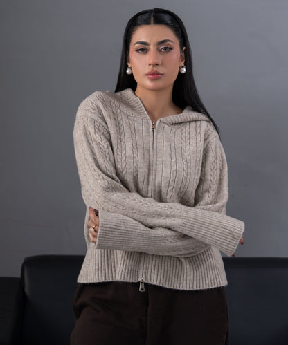 Cable Knit Zip-Up Hoodie Cardigan
