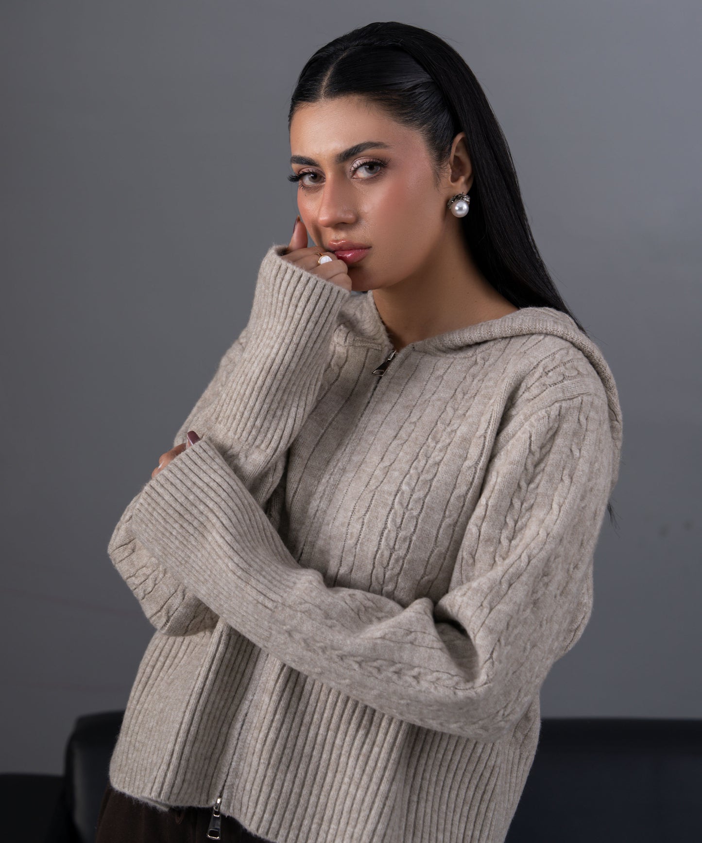 Cable Knit Zip-Up Hoodie Cardigan