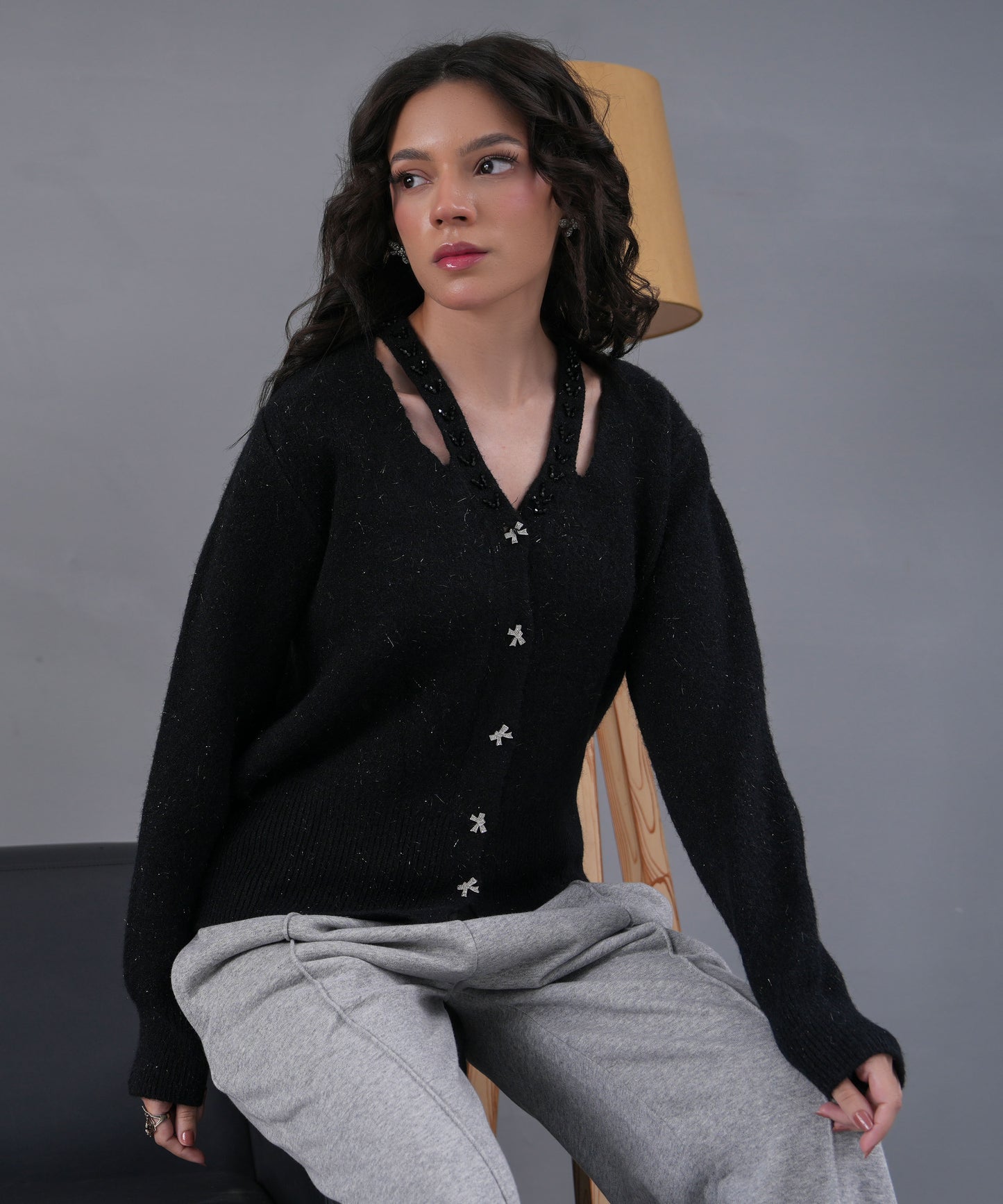 Black Embellished Knit Cardigan