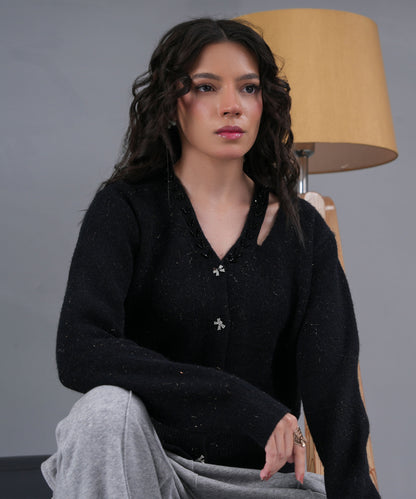 Black Embellished Knit Cardigan