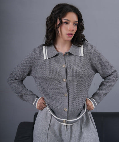 Grey Cable-Knit Button Cardigan with Contrast Trim