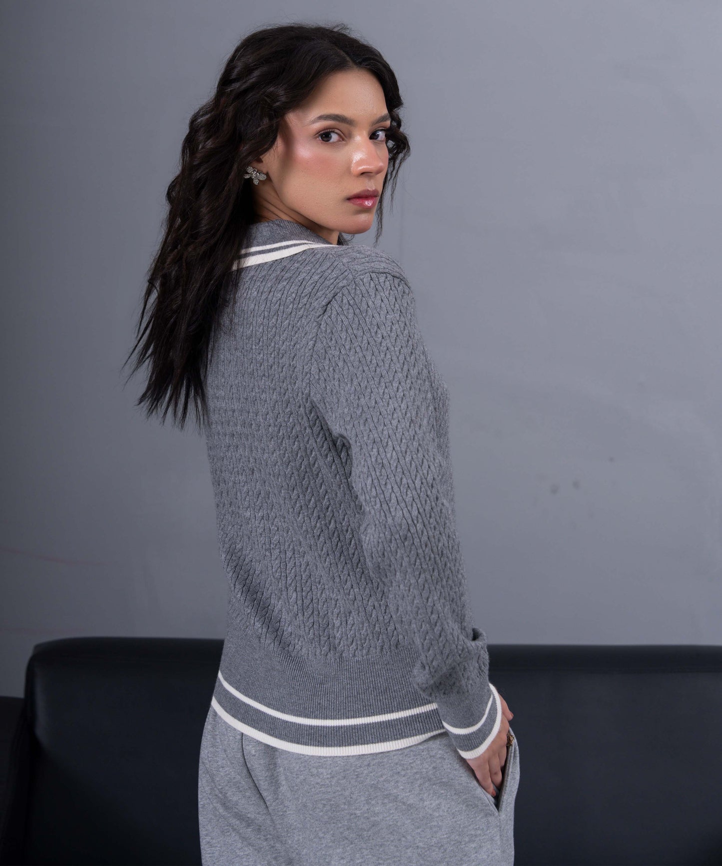 Grey Cable-Knit Button Cardigan with Contrast Trim