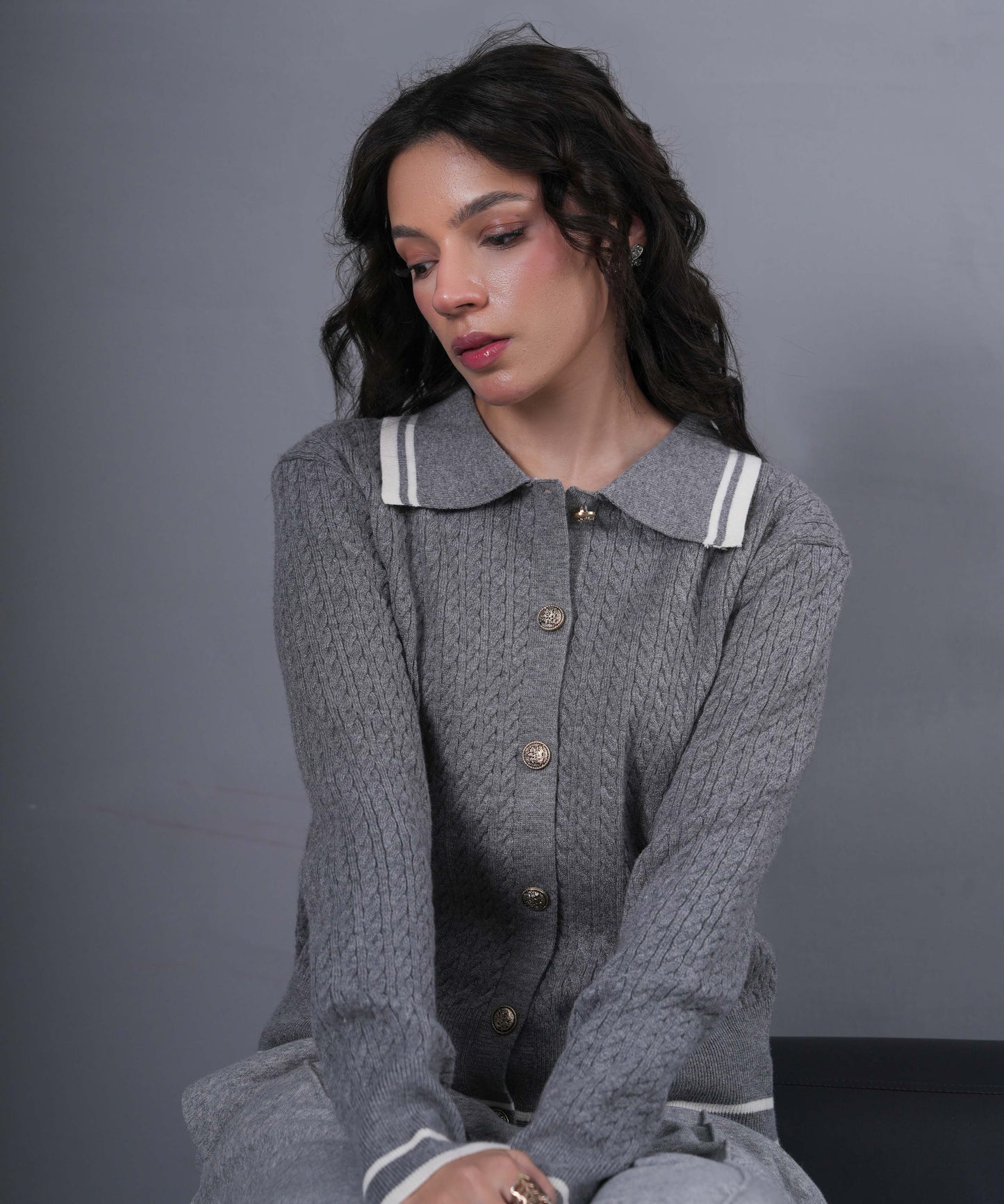 Grey Cable-Knit Button Cardigan with Contrast Trim