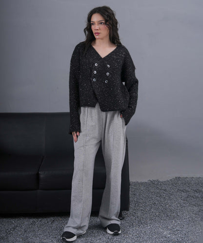 Midnight Sparkle Double-Button Knit Cardigan