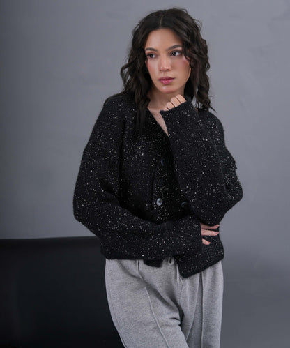 Midnight Sparkle Double-Button Knit Cardigan