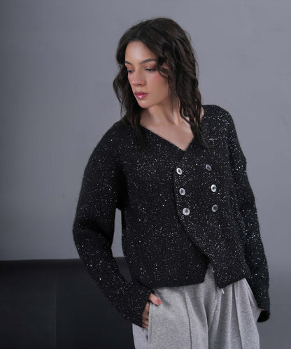 Midnight Sparkle Double-Button Knit Cardigan