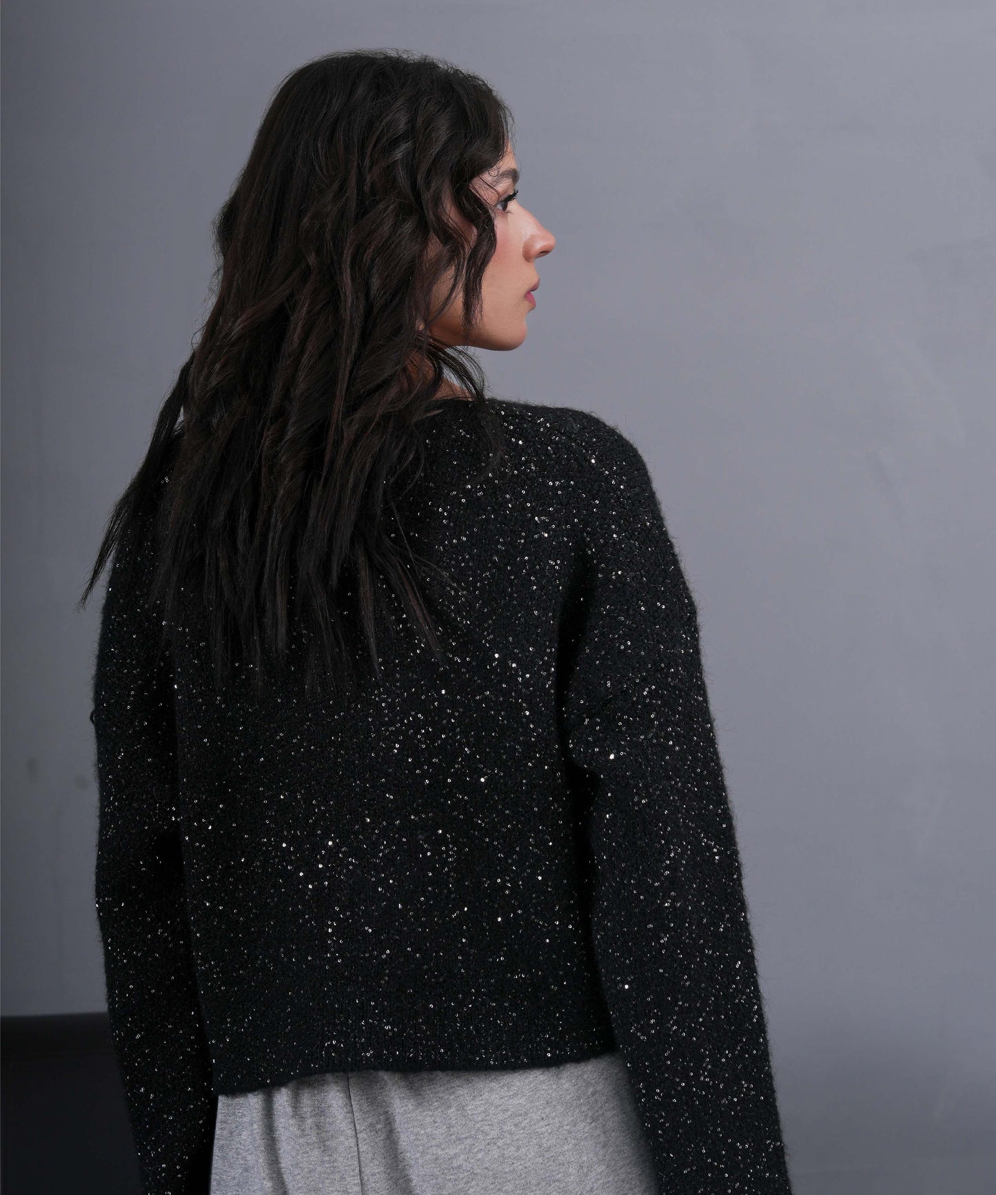 Midnight Sparkle Double-Button Knit Cardigan