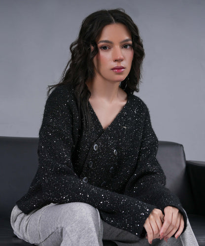 Midnight Sparkle Double-Button Knit Cardigan
