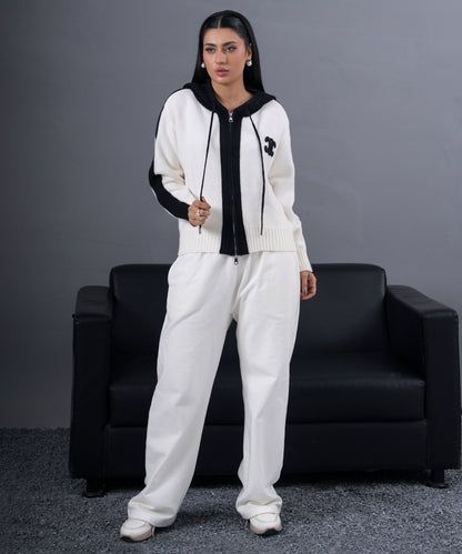 Ivory & Black Zip-Up Knit Hoodie Jacket