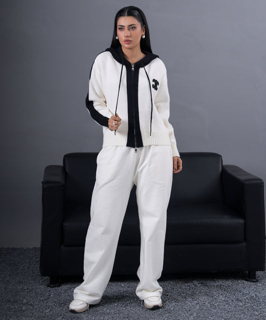 Ivory & Black Zip-Up Knit Hoodie Jacket