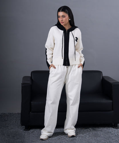 Ivory & Black Zip-Up Knit Hoodie Jacket