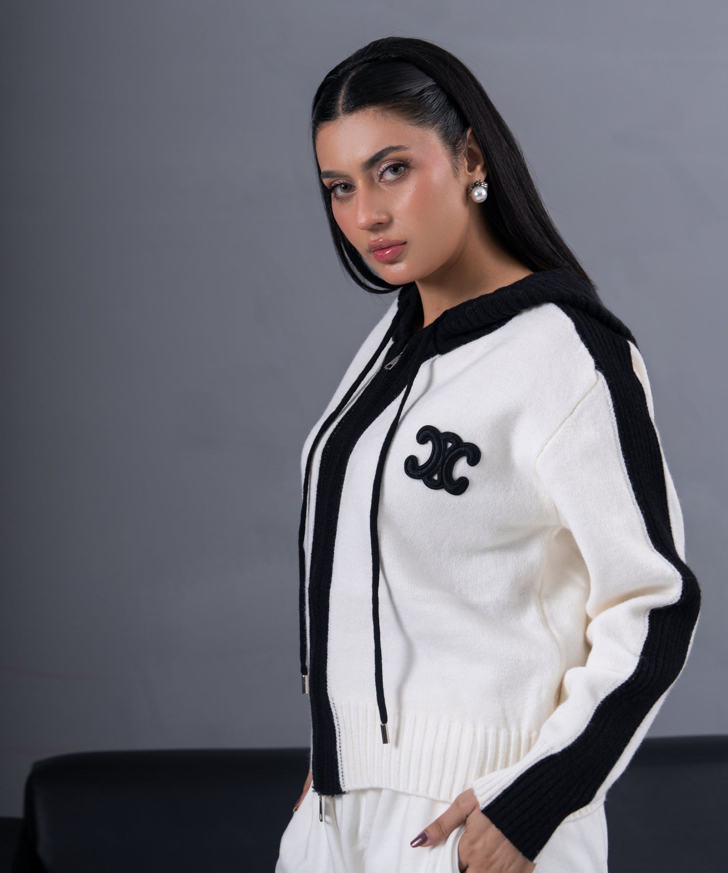 Ivory & Black Zip-Up Knit Hoodie Jacket