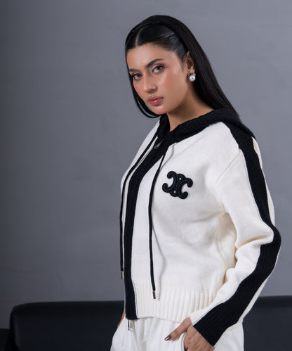 Ivory & Black Zip-Up Knit Hoodie Jacket