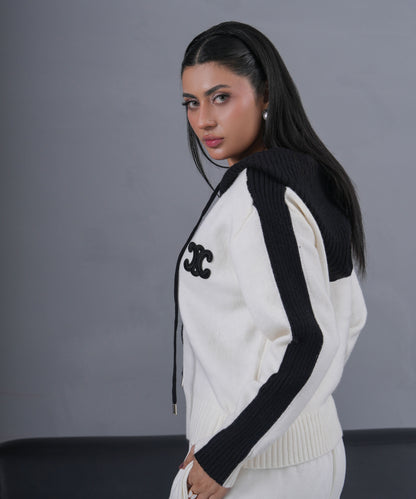 Ivory & Black Zip-Up Knit Hoodie Jacket