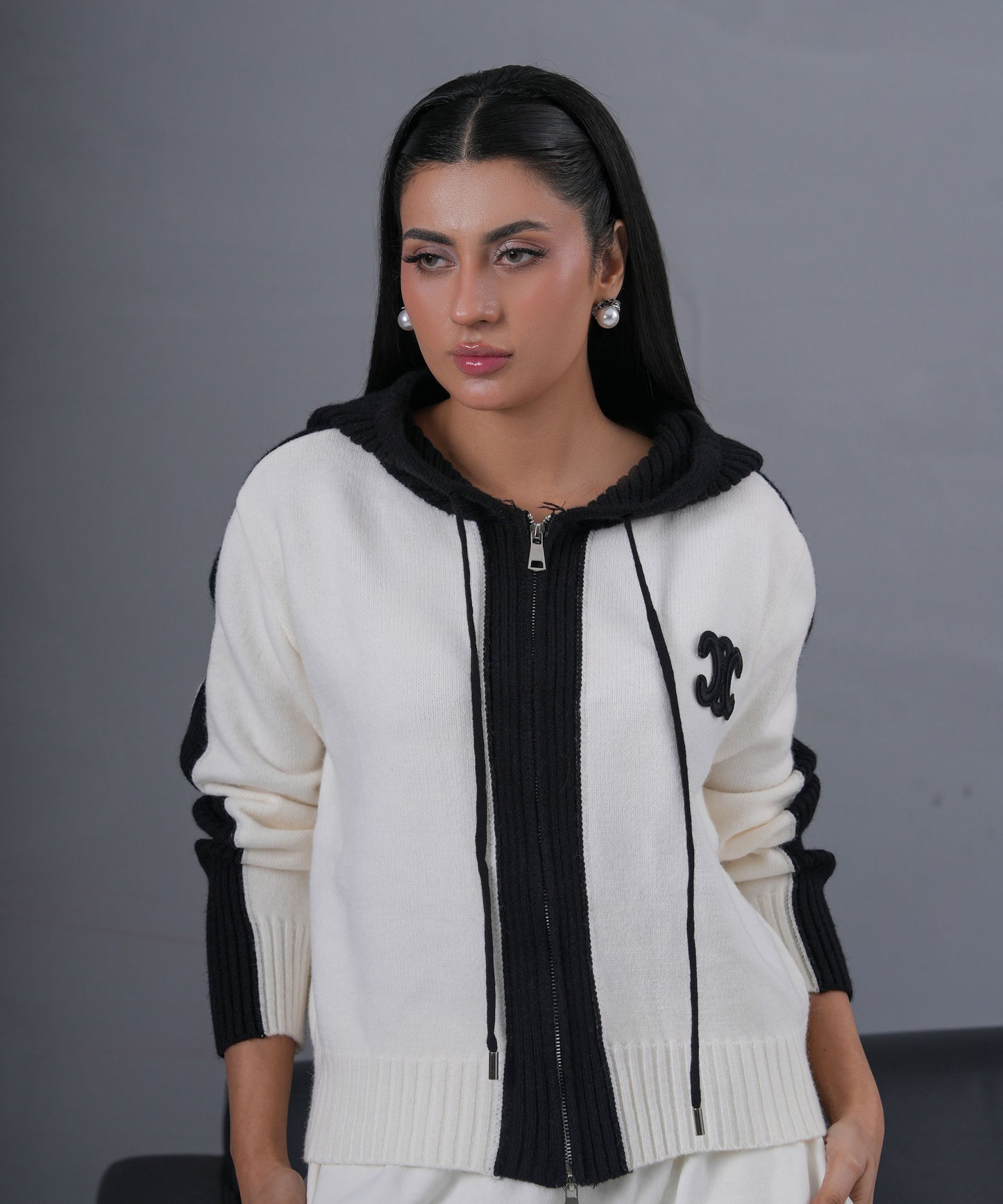 Ivory & Black Zip-Up Knit Hoodie Jacket