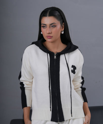 Ivory & Black Zip-Up Knit Hoodie Jacket