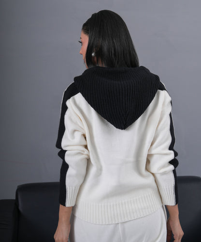 Ivory & Black Zip-Up Knit Hoodie Jacket