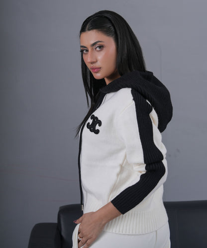 Ivory & Black Zip-Up Knit Hoodie Jacket